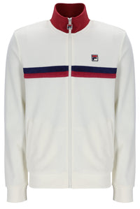 White jacket with red and blue accents and Fila logo on a white background
