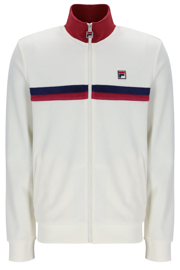 White jacket with red and blue accents and Fila logo on a white background
