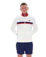 Person wearing a white tracksuit with red and blue accents on a white background