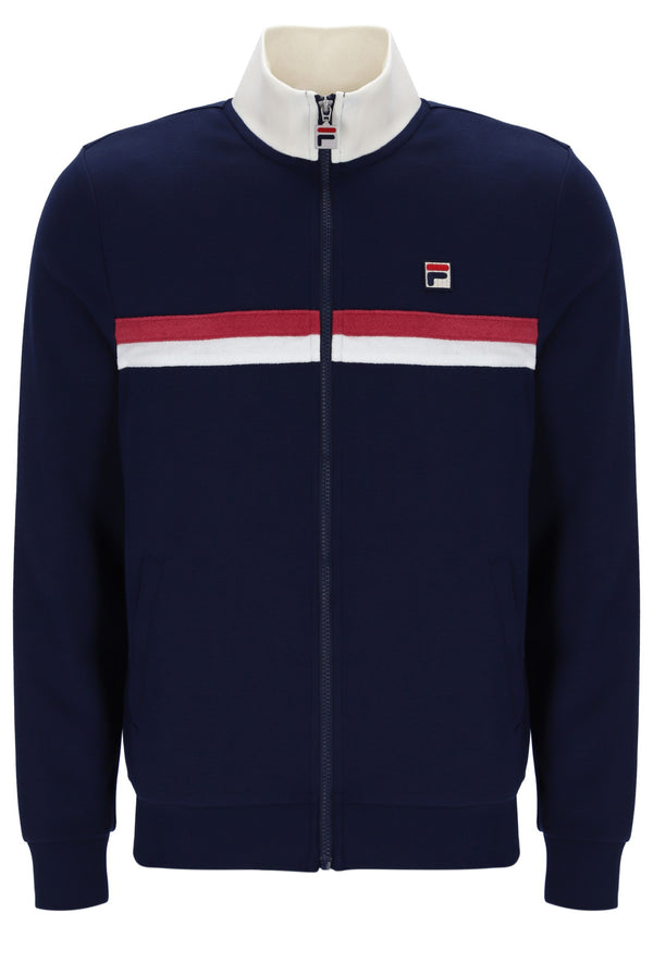 Navy blue jacket with a red and white stripe on a mannequin against a white background