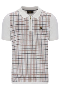 Displays the White 'FILA' branded Down Enzo Knitted Check Zip Polo