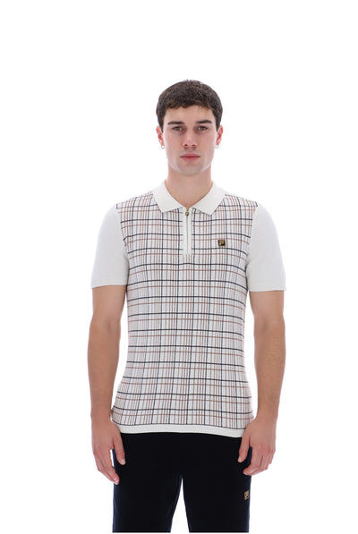 White Down Enzo Knitted Check Zip Polo