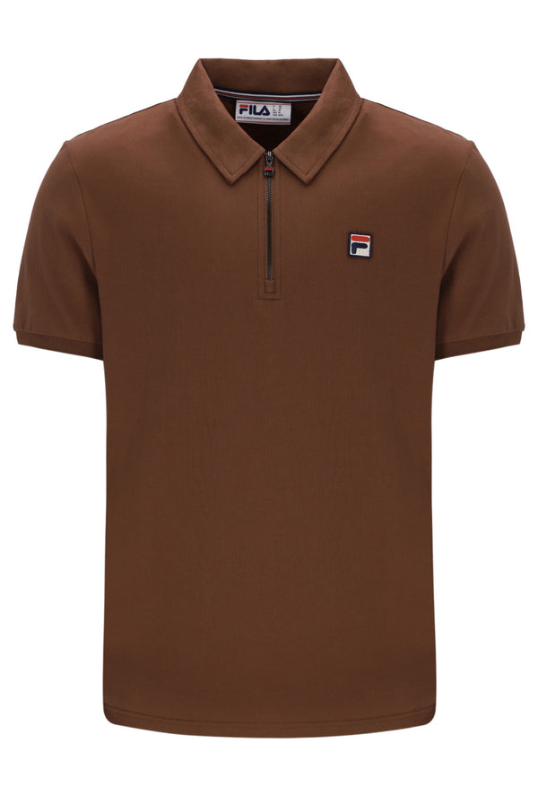 Brown polo shirt with Fila logo on a white background