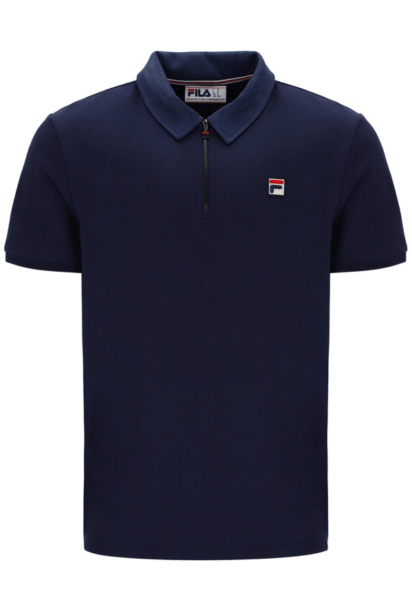 Displays the Navy 'Fila' branded Ettore Zip Polo
