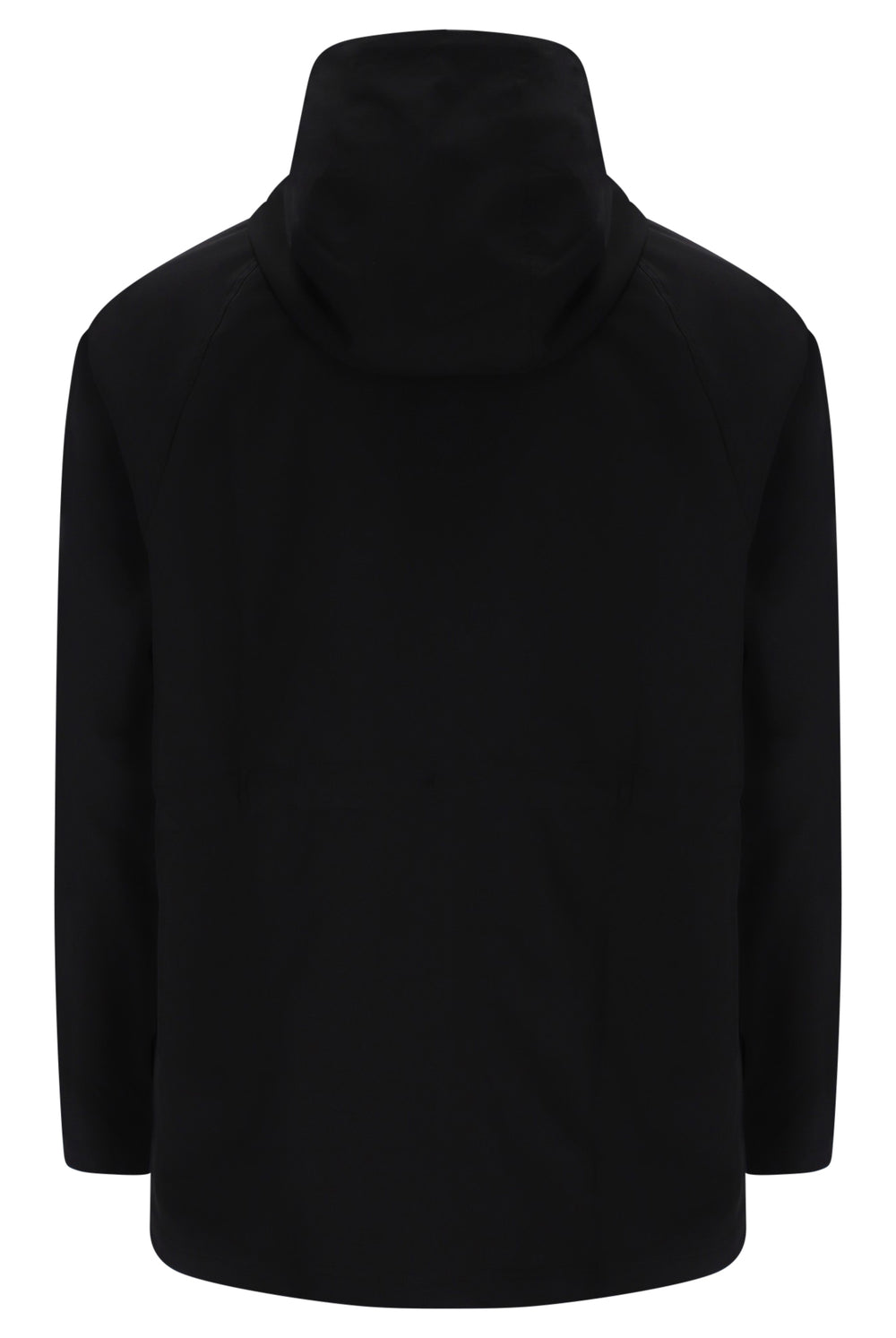 A black long-sleeve pullover hoodie shown from the back, featuring a high ribbed collar and raglan-style shoulder seams, on a plain white background.