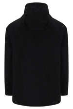 A black long-sleeve pullover hoodie shown from the back, featuring a high ribbed collar and raglan-style shoulder seams, on a plain white background.
