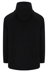 A black long-sleeve pullover hoodie shown from the back, featuring a high ribbed collar and raglan-style shoulder seams, on a plain white background.