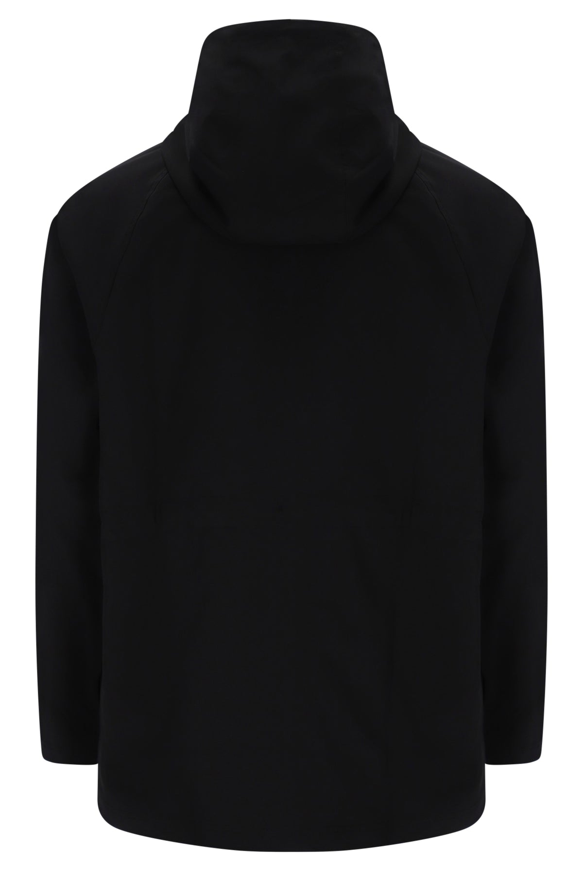 A black long-sleeve pullover hoodie shown from the back, featuring a high ribbed collar and raglan-style shoulder seams, on a plain white background.