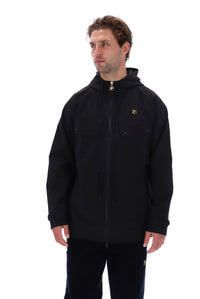 A man wearing a black hooded jacket with a full front zipper, zippered chest pockets, and a small gold logo on the left chest, photographed against a plain white background.