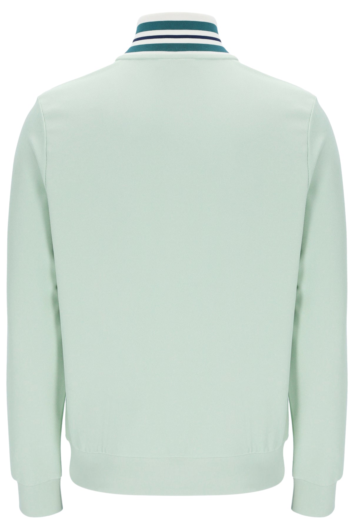 Light green track jacket with a striped collar on a white background