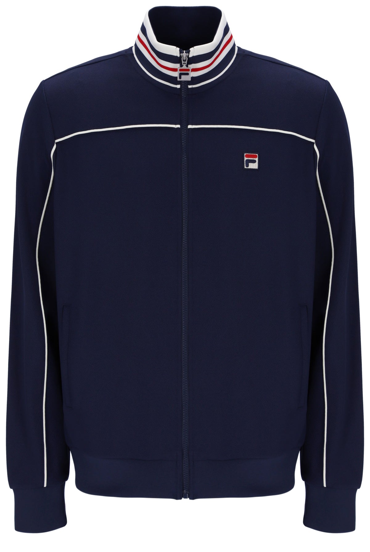 Displays the Navy 'FILA' Federico Tipped Neck Track Top
