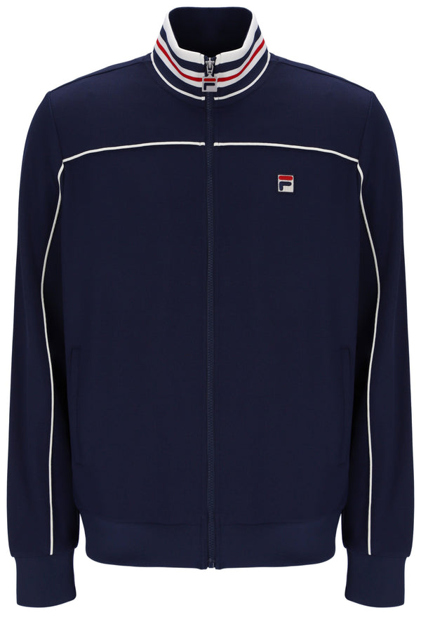 Displays the Navy 'FILA' Federico Tipped Neck Track Top