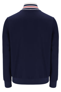 Displays a model wearing the Navy 'FILA' Federico Tipped Neck Track Top