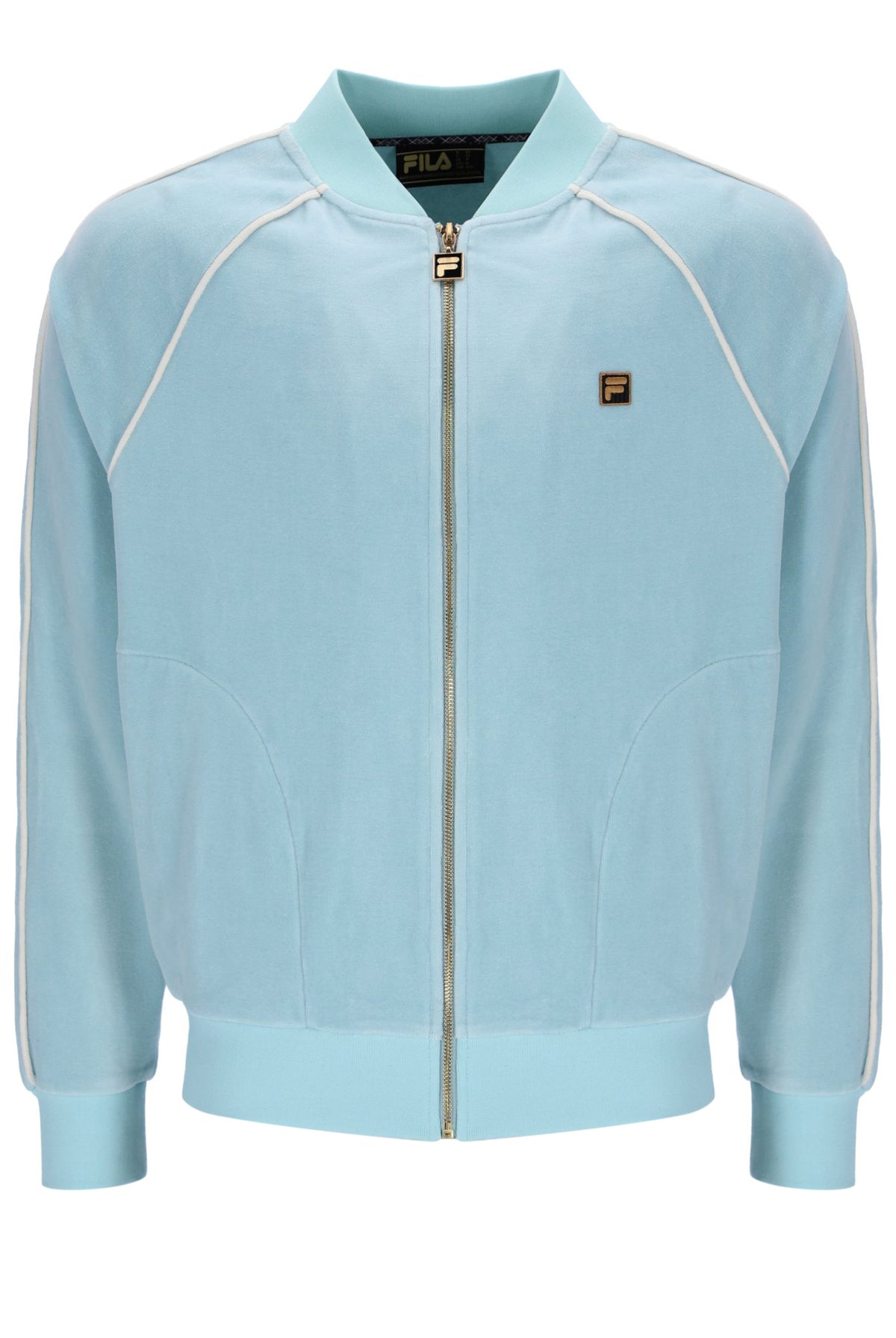 Light blue jacket with white accents on a white background