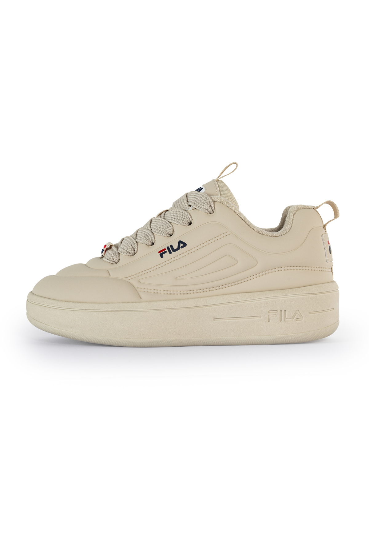 A pair of beige FILA Superbubble Trainers with lace-up closure and the FILA logo visible on the side.