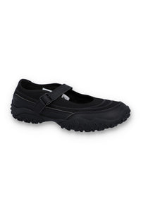 Black shoe with a strap on a white background