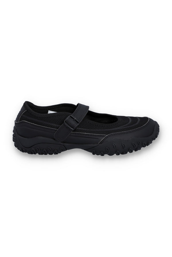 Black shoe with a strap on a white background