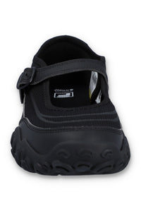 Black shoe with a strap on a white background
