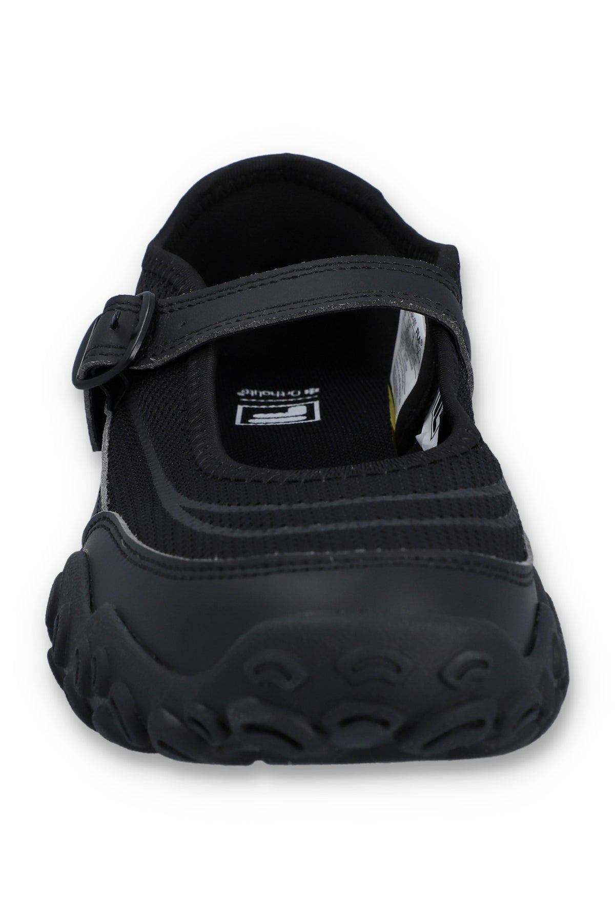 Black shoe with a strap on a white background