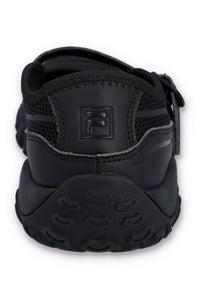 Black sandal with a FILA logo on a white background