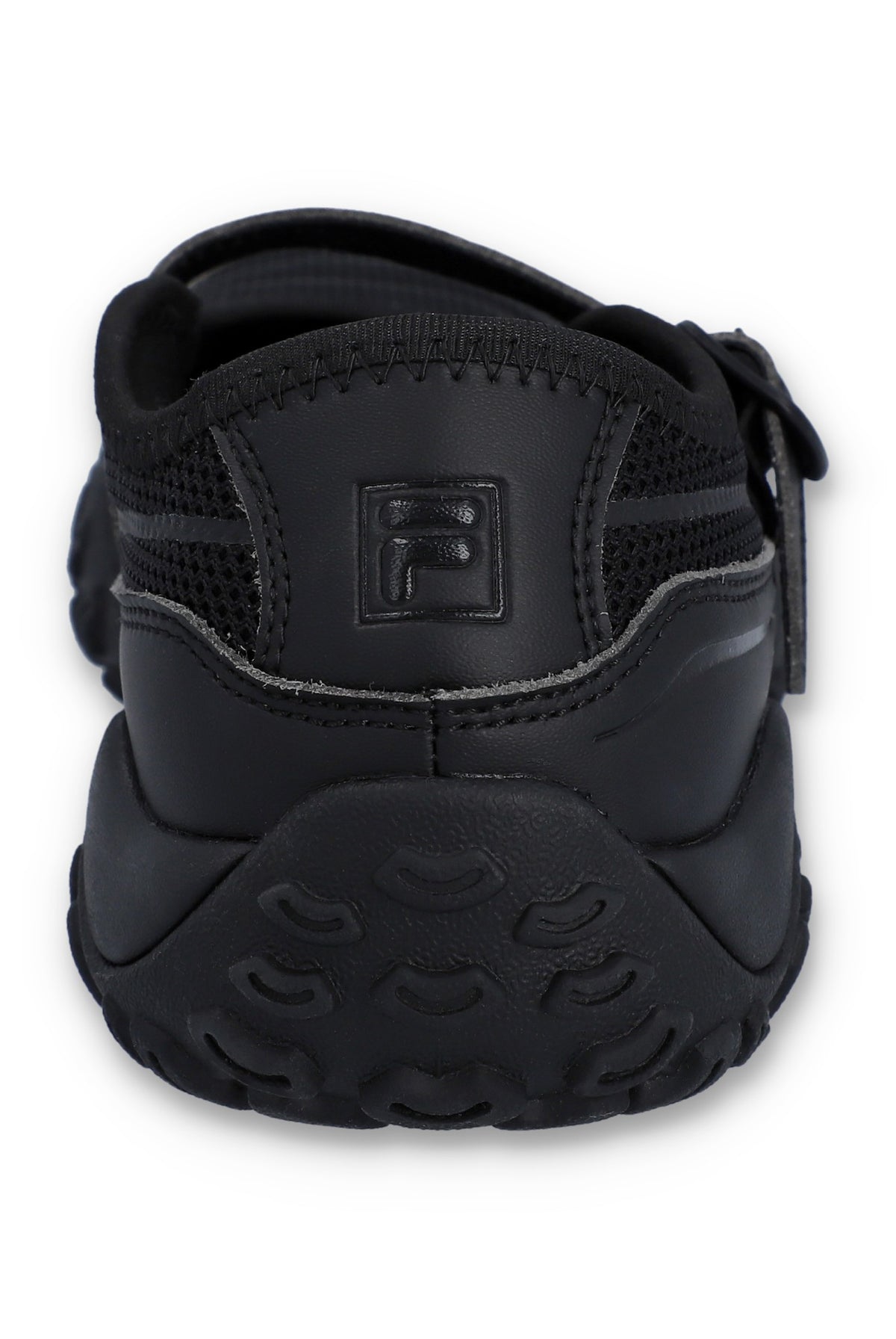 Black sandal with a FILA logo on a white background