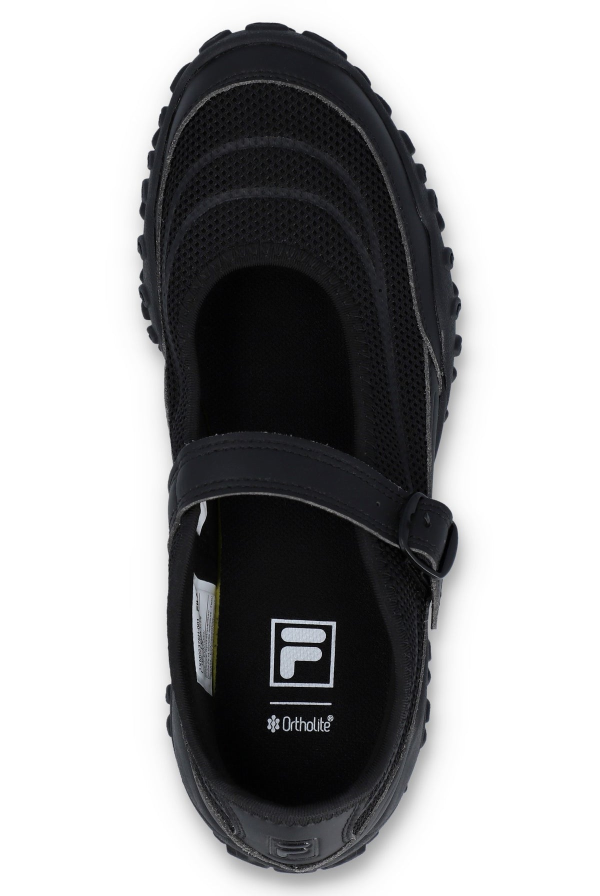 Black shoe with a strap on a white background