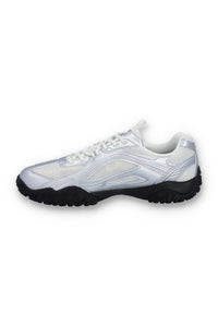 White and silver sneaker with black sole on a white background