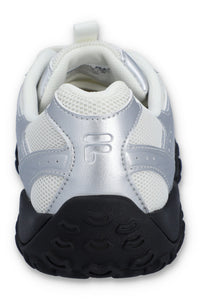 White and silver athletic shoe withblack sole, featuring a FILA logo on the back, against a white background