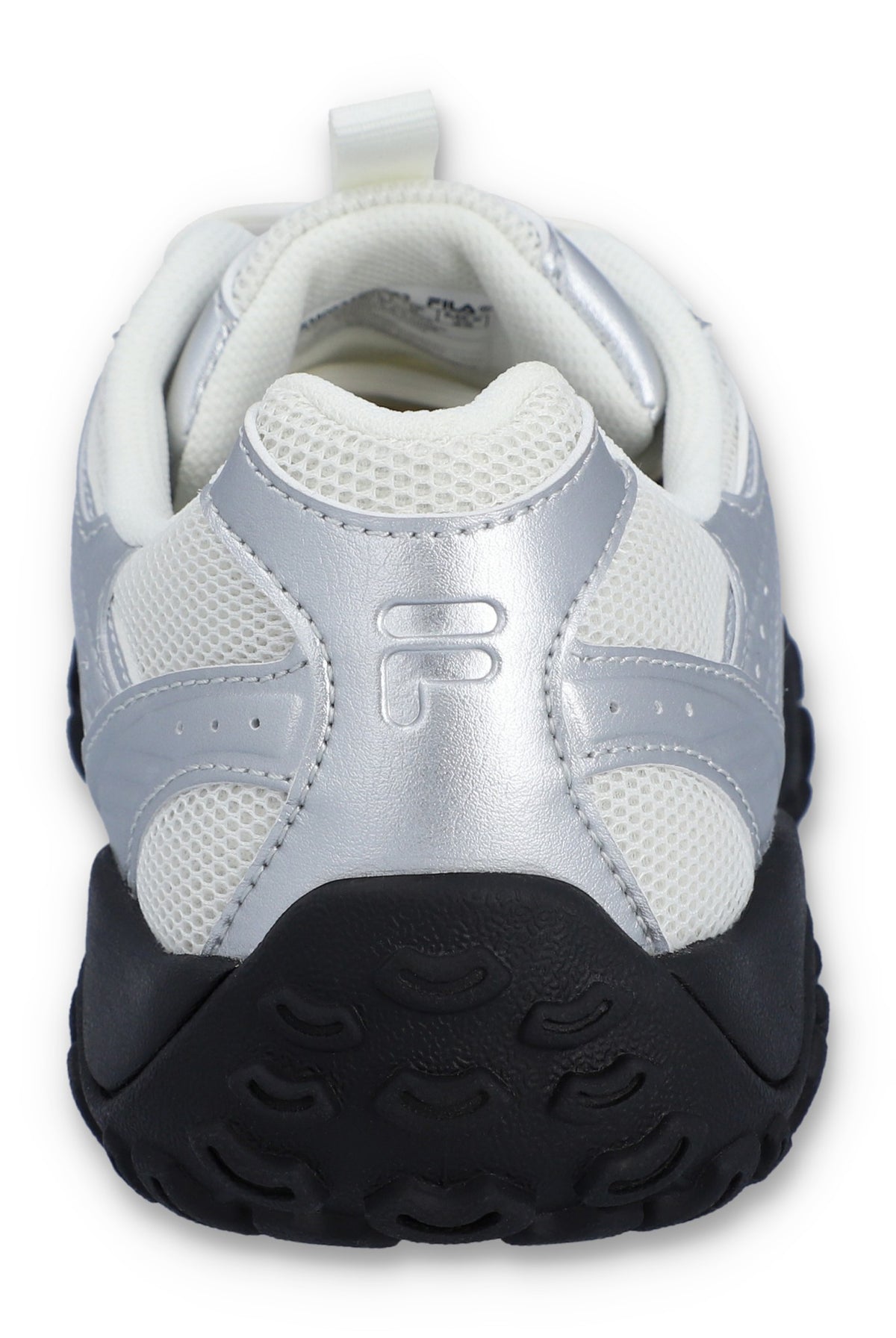 White and silver athletic shoe withblack sole, featuring a FILA logo on the back, against a white background