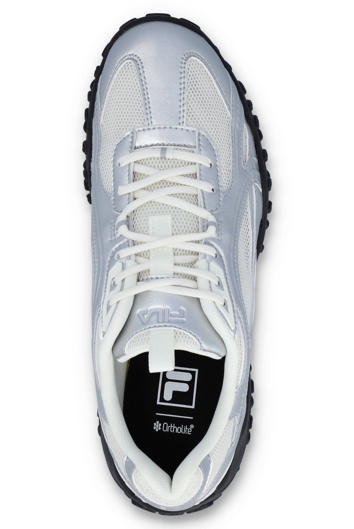 White and silver athletic shoe with black sole on a white background