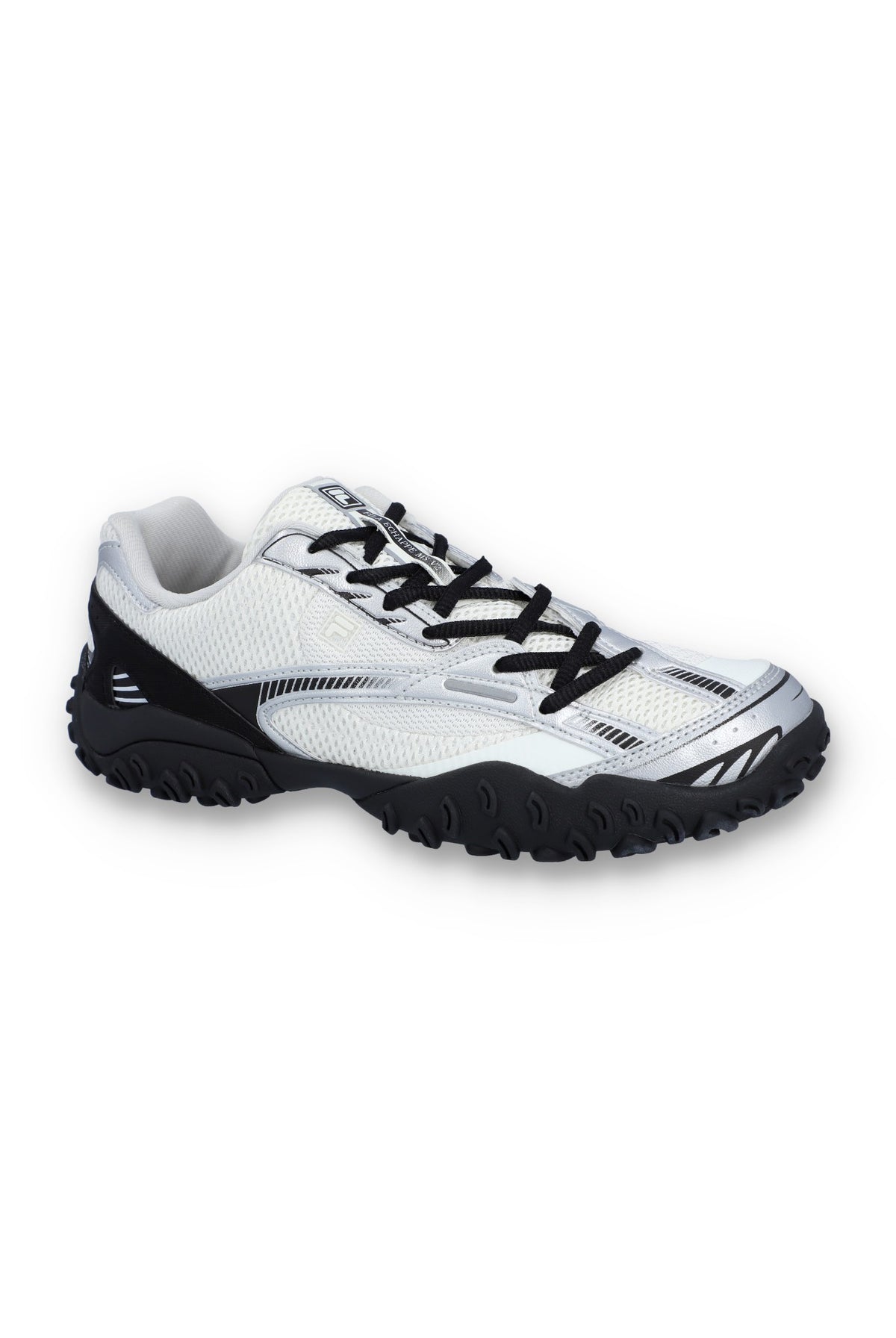 White and black athletic shoe on a white background
