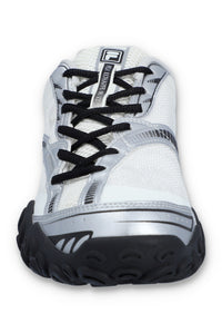White athletic shoe with black laces and sole on a white background