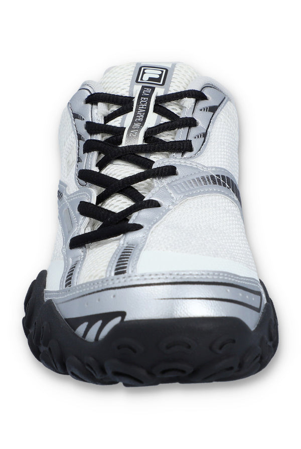 White athletic shoe with black laces and sole on a white background