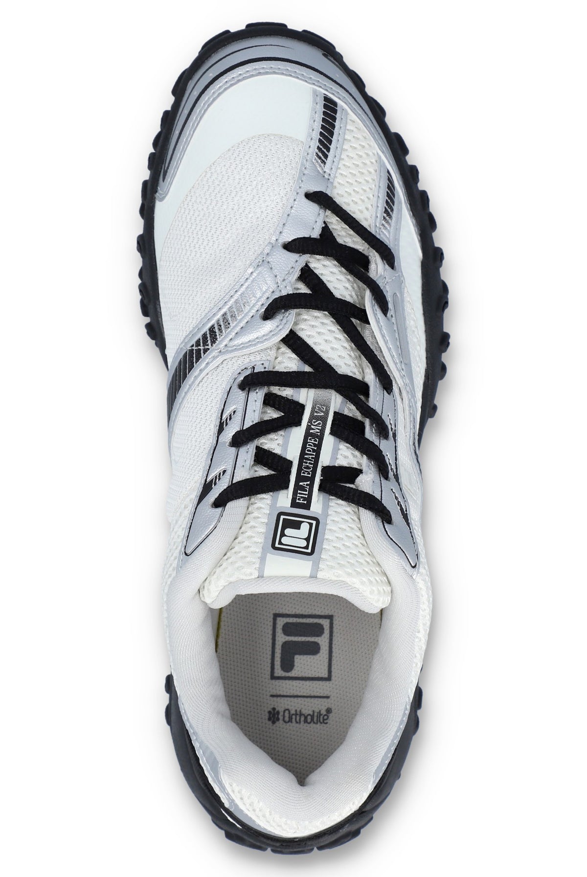White athletic shoe with black accents on a white background
