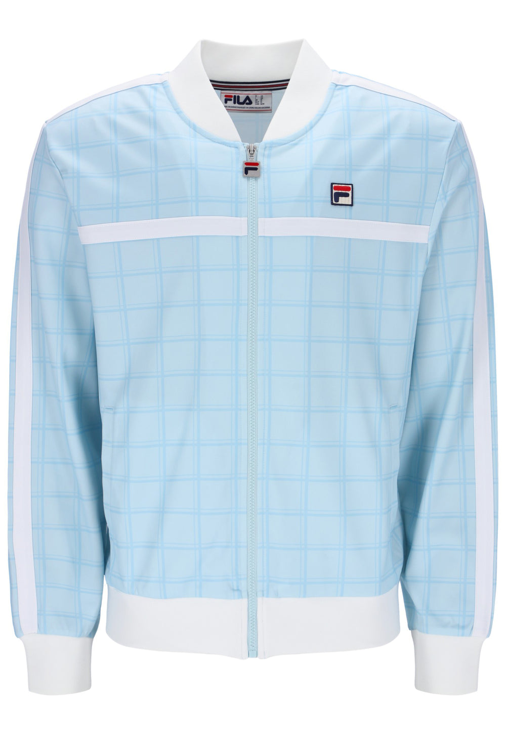 Light blue checkered jacket with white accents and FILA logo on a white background