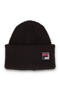 A black ribbed knit beanie hat featuring a small embroidered Fila logo patch on the front cuff, set against a plain white background.