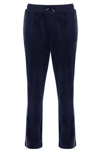 Navy blue sweatpants with a FILA logo, on a white background