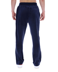 Navy blue sweatpants worn by a person on a white background