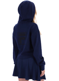 Displays a model wearing the Navy 'FILA' branded Fiorella 1/4 Zip Up Hoodie