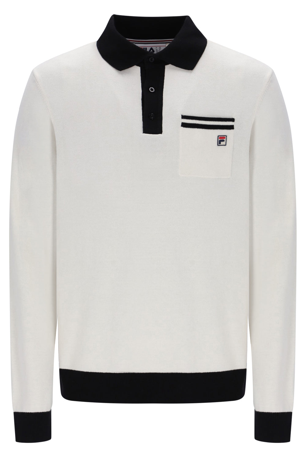Displays the Gardenia & Black 'FILA' branded Francis Knitted Long Sleeve Polo