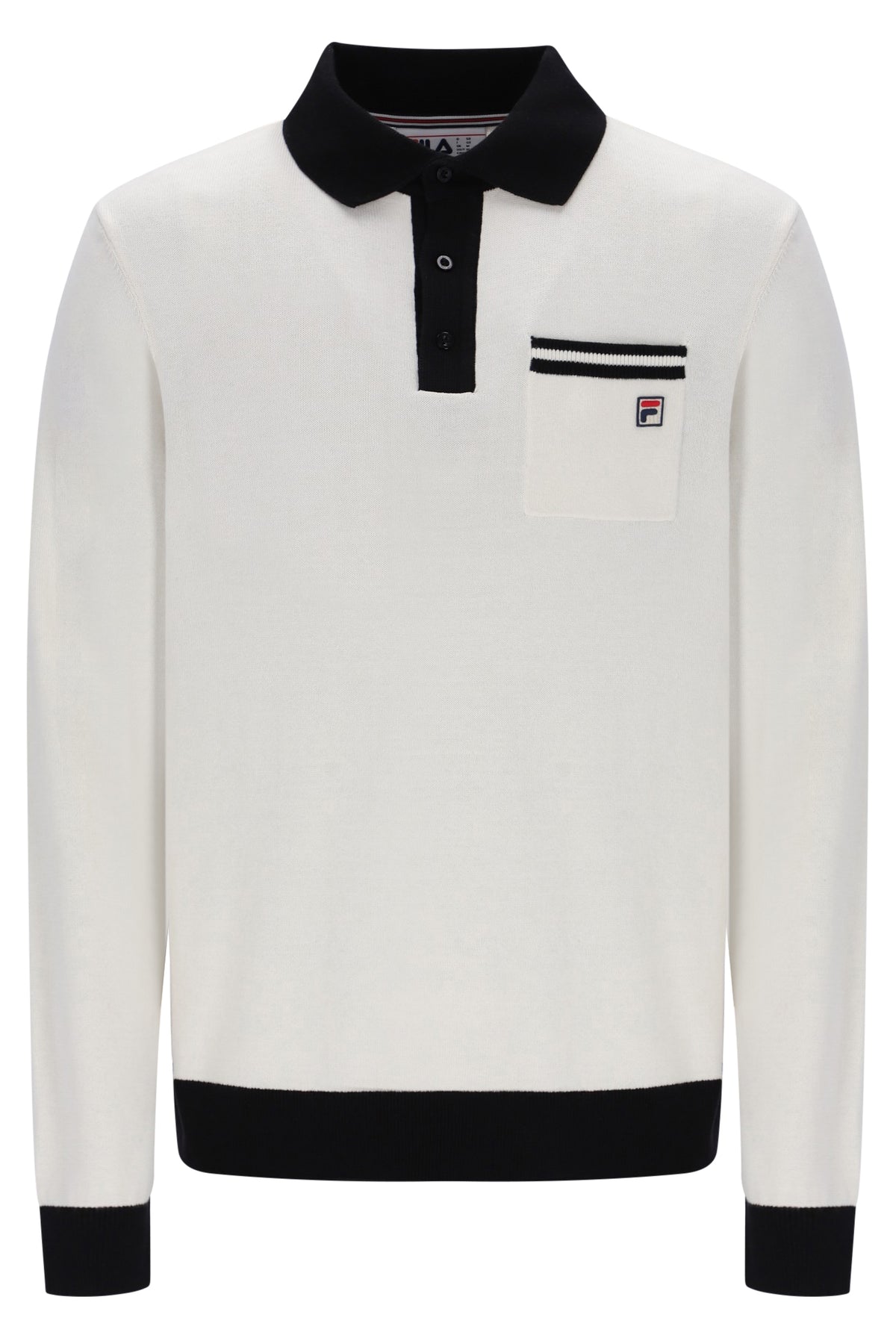 Displays the Gardenia & Black 'FILA' branded Francis Knitted Long Sleeve Polo