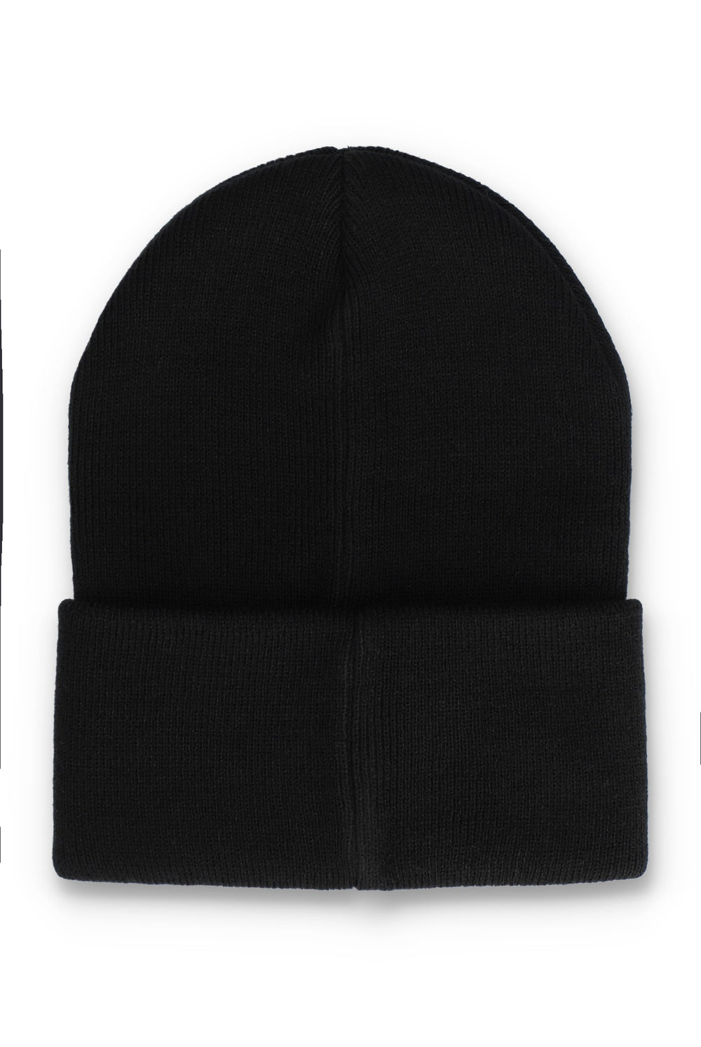 A classic black knit beanie hat with a folded cuff, shown flat against a plain white background.