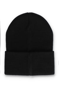 A classic black knit beanie hat with a folded cuff, shown flat against a plain white background.