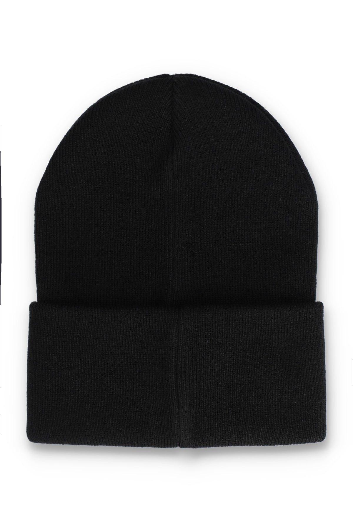 A classic black knit beanie hat with a folded cuff, shown flat against a plain white background.