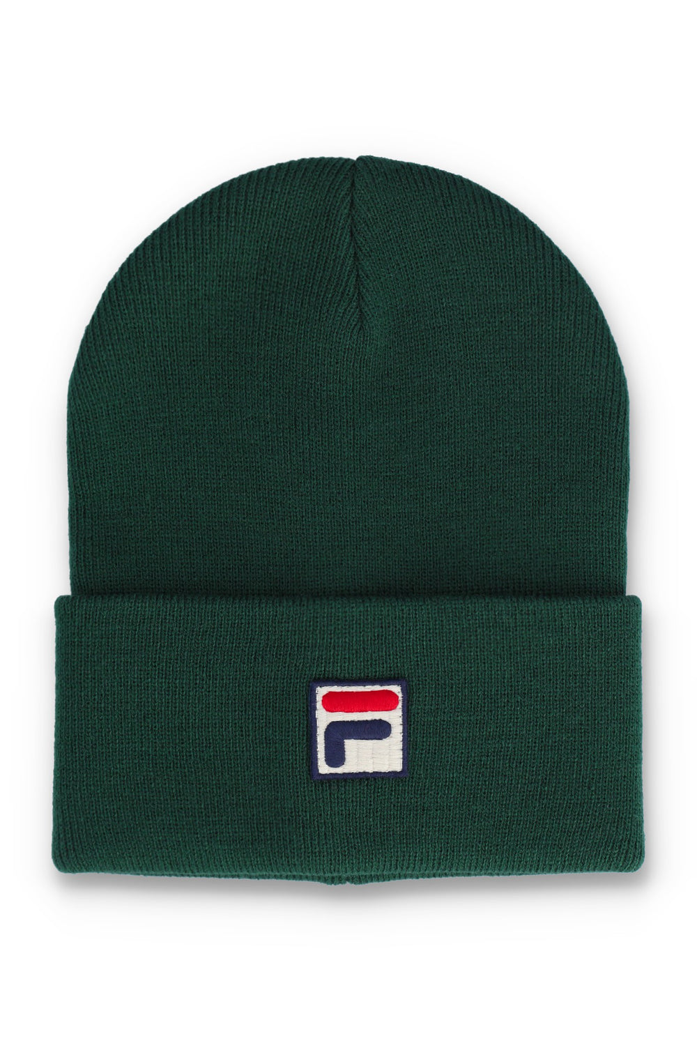 A dark green ribbed knit beanie hat with a folded cuff, featuring a small embroidered Fila logo patch on the front.