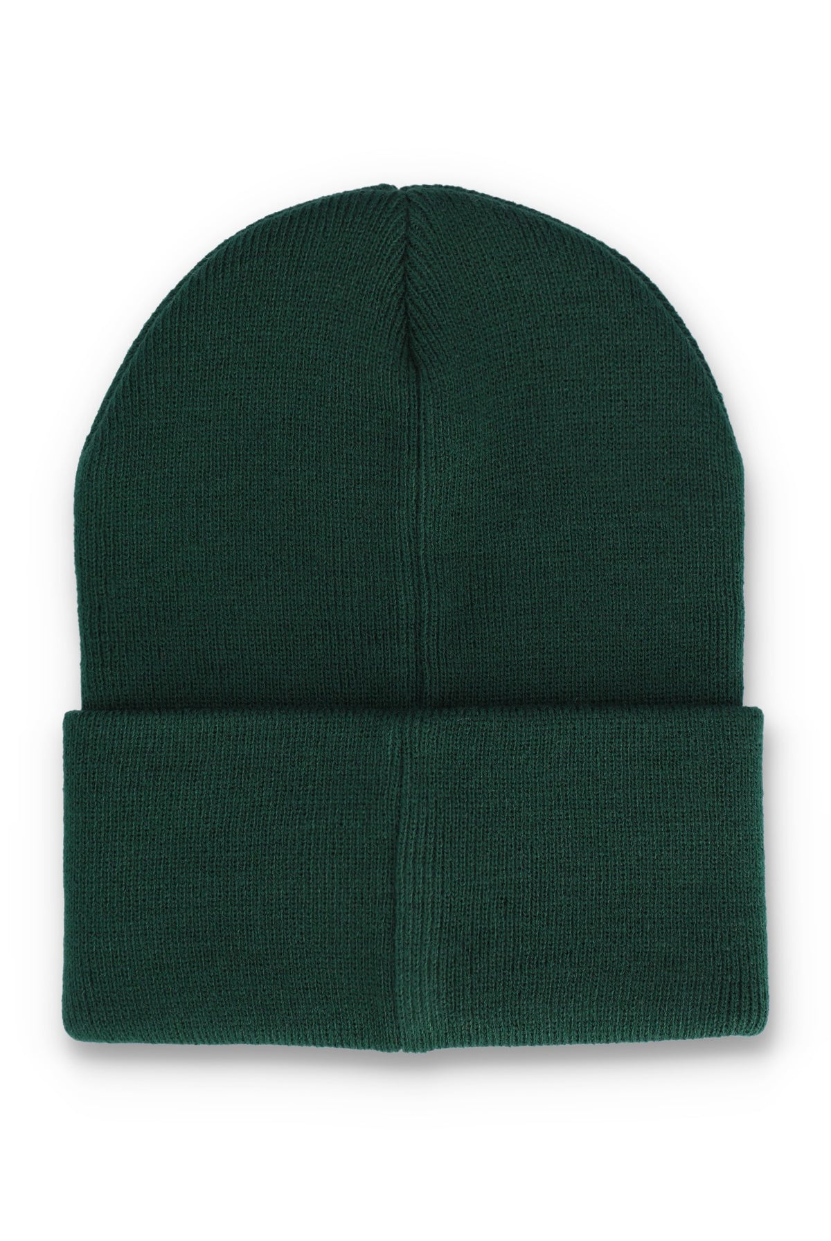 A dark forest green ribbed knit beanie hat, folded over at the bottom, shown against a plain white background.