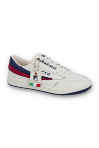 A pair of FILA FX 2 CASA TRAINER sneakers with white uppers, red, blue, and white laces, and red and navy blue detailing.