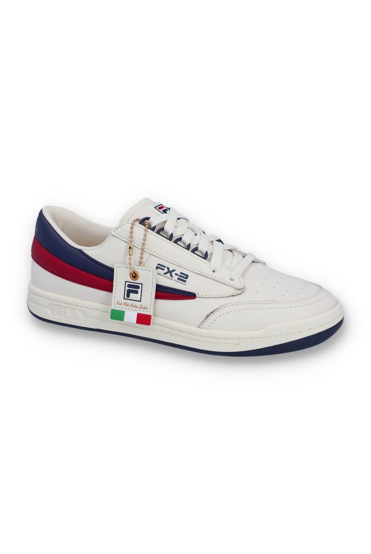 A pair of FILA FX 2 CASA TRAINER sneakers with white uppers, red, blue, and white laces, and red and navy blue detailing.