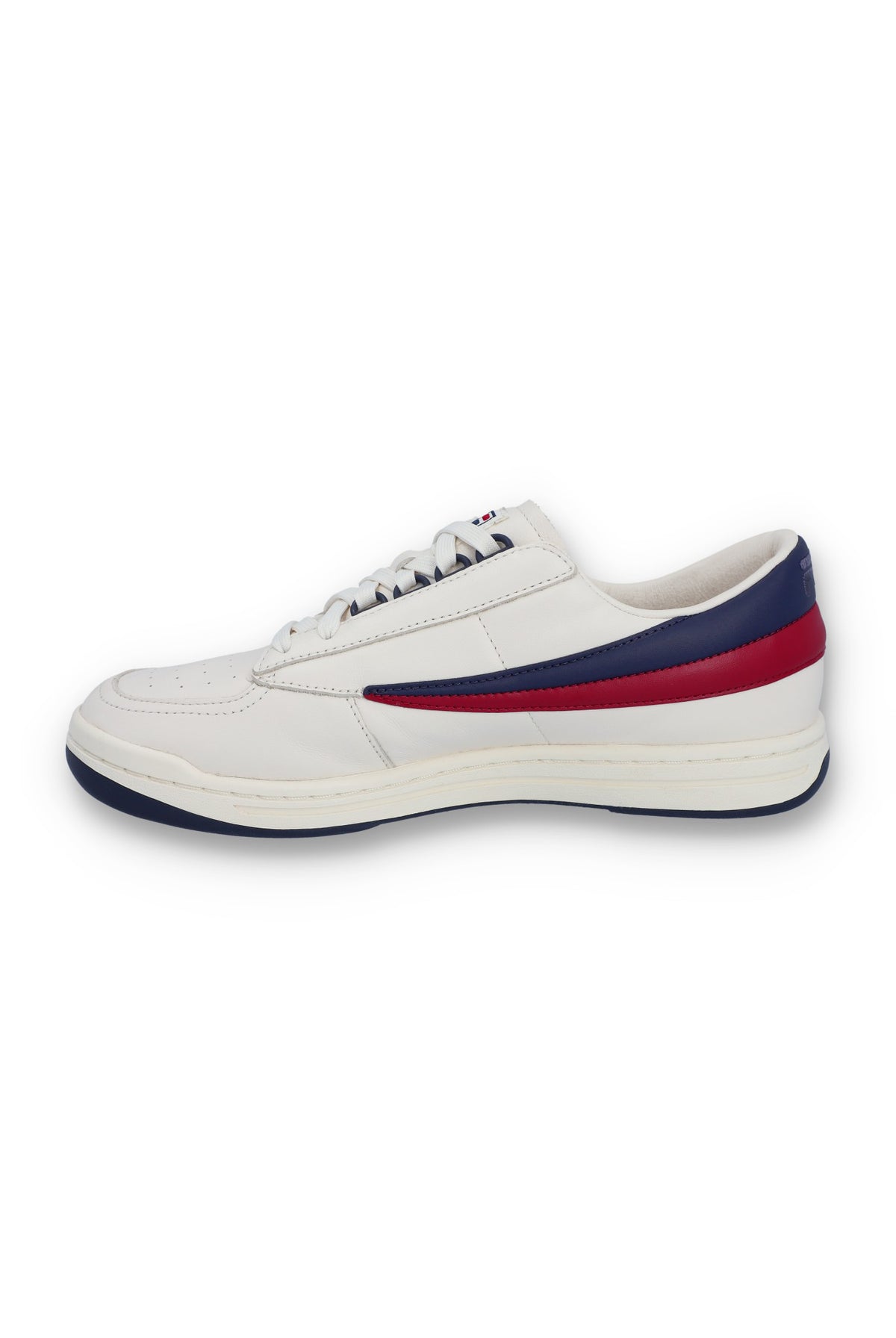 A pair of FILA FX 2 CASA TRAINER sneakers with white uppers, red, blue, and white laces, and red and navy blue detailing.