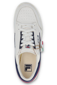A pair of FILA FX 2 CASA TRAINER sneakers with white uppers, red, blue, and white laces, and red and navy blue detailing.
